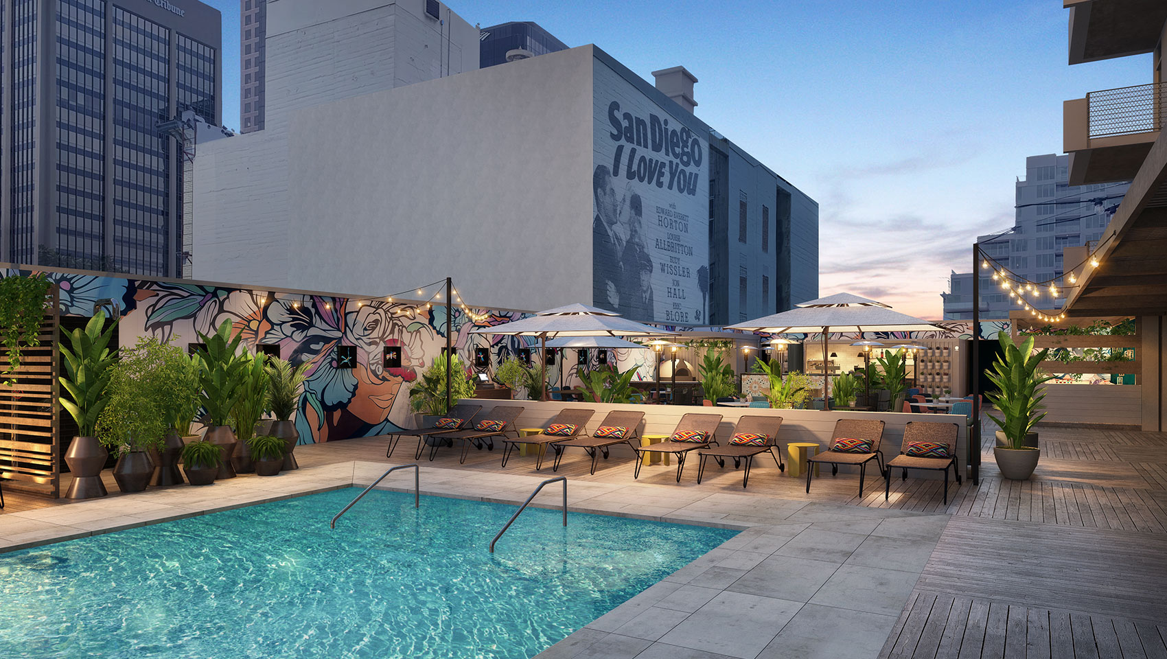 alma rooftop pool with lounge chairs